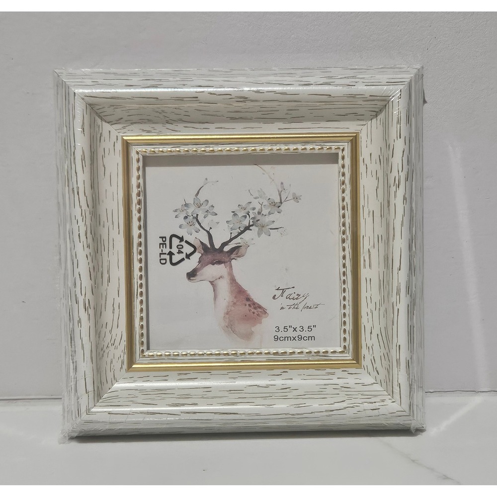 AMHOME 3.5x3.5 Square Picture Frame White Distressed Rustic Gold Trim New